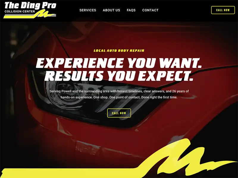 Homepage web design for The Ding Pro Collision Center, designed and built by CROFT