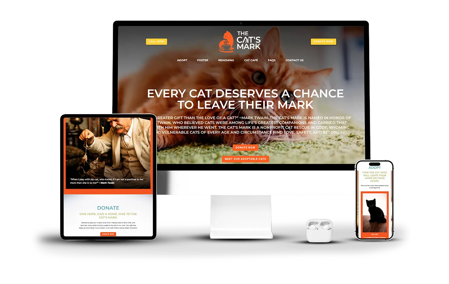 The Cat's Mark nonprofit website design shown on desktop tablet and phone