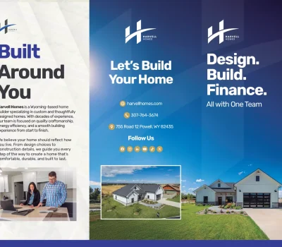 Tri-fold brochure designed for Harvell Homes, a client of CROFT, with company information showcased properties