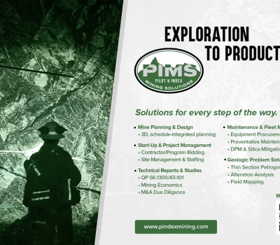 A print ad for Pilot & Index Mining Solutions, a client of CROFT, featuring the different solutions they offer with a person scoping a mining site